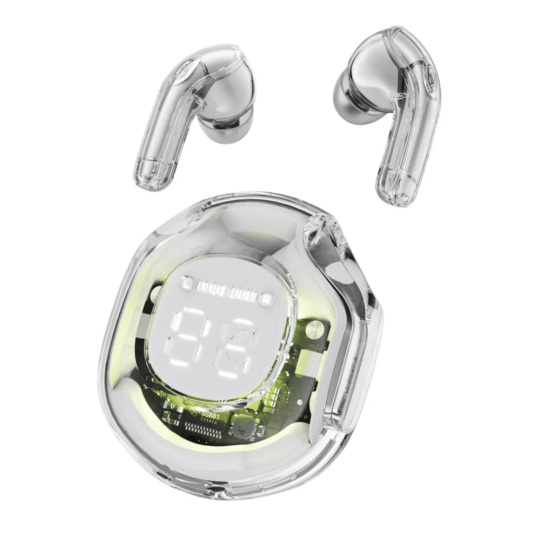 Wireless earbuds with charging case on a white background