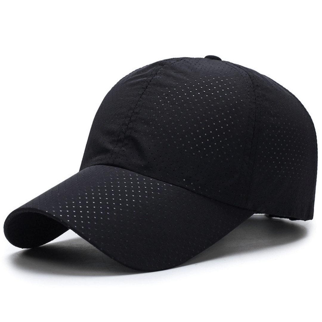 Black baseball cap with perforated design on a white background