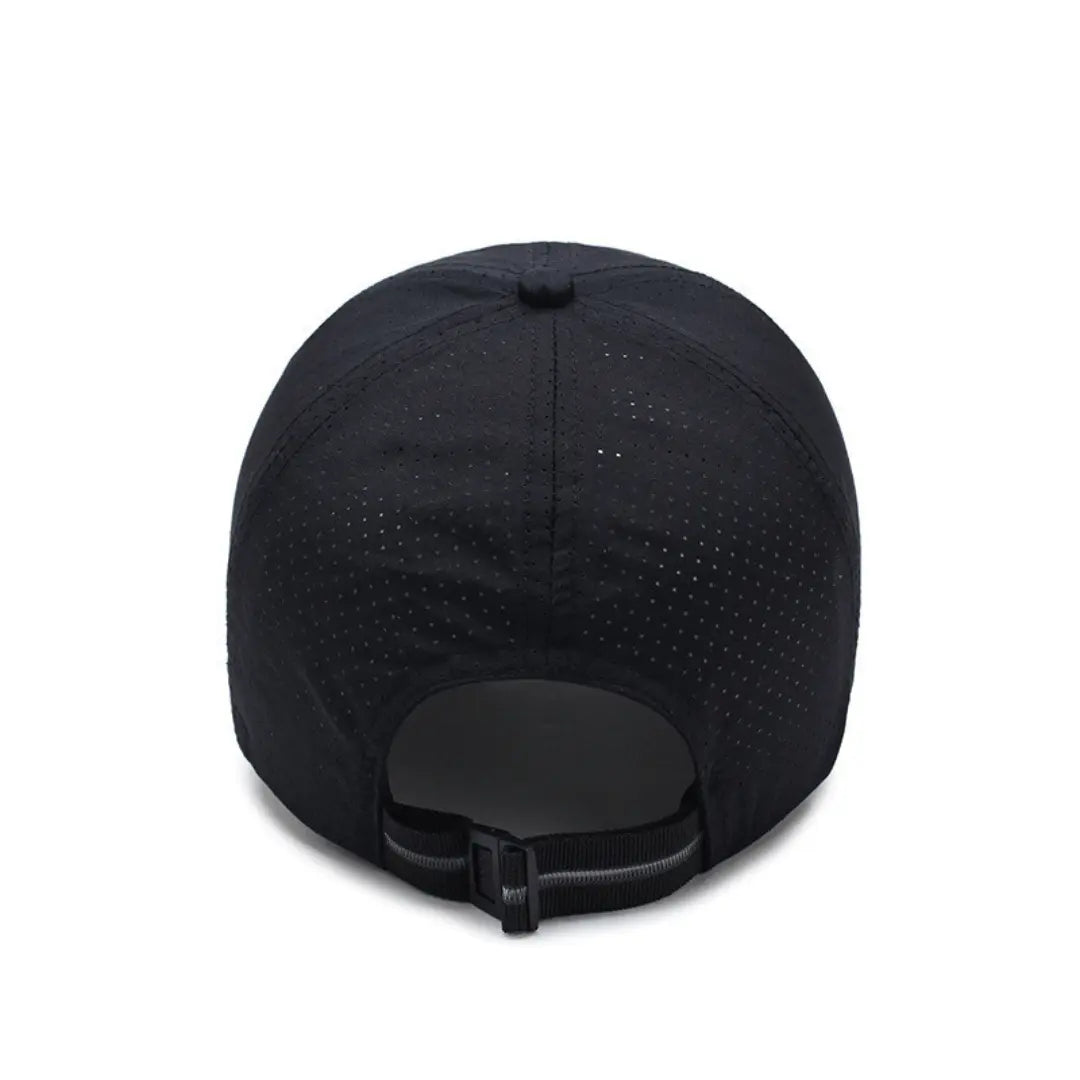 Black baseball cap with a textured pattern on a white background