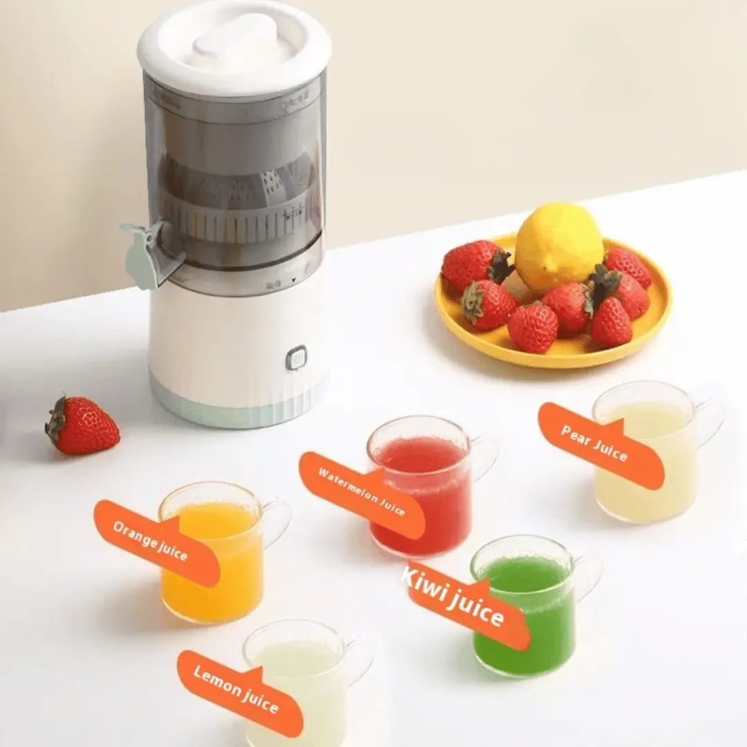 Juicer with cups of labeled juice and a plate of fruits on a white surface