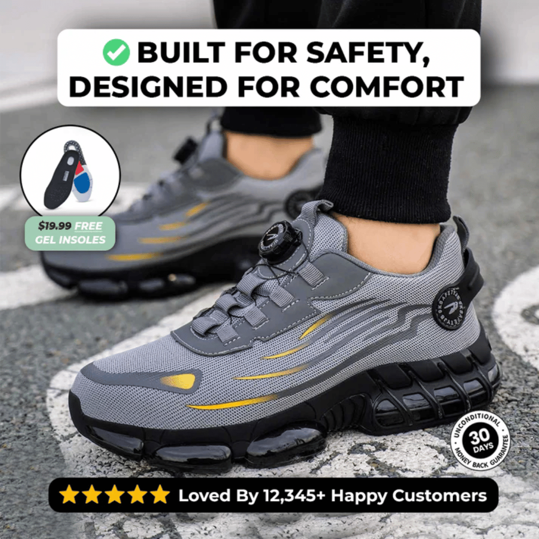 A pair of black safety sneakers designed for comfort, featuring a text overlay that reads 'BUILT FOR SAFETY, DESIGNED FOR COMFORT' and a graphic indicating 'Glass Breaker Proof'. There are also stars indicating a rating and a count of '12,345+ Happy Customers'.