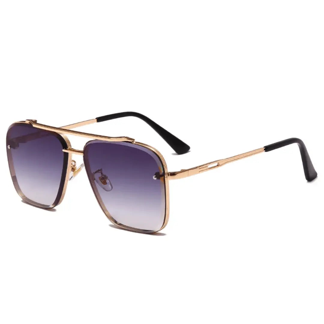 A pair of Enzo Bellucci retro sunglasses with a gold frame and dark lenses.