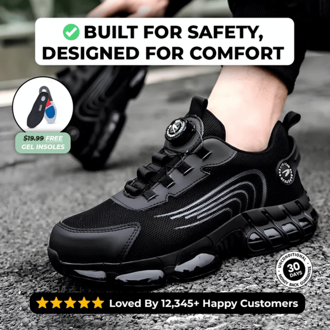 A pair of black safety sneakers designed for comfort, featuring a text overlay that reads 'BUILT FOR SAFETY, DESIGNED FOR COMFORT' and a graphic indicating 'Glass Breaker Proof'. There are also stars indicating a rating and a count of '12,345+ Happy Customers'.