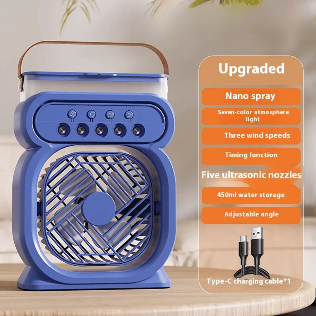 Blue portable fan with features listed on an orange card, on a wooden surface.