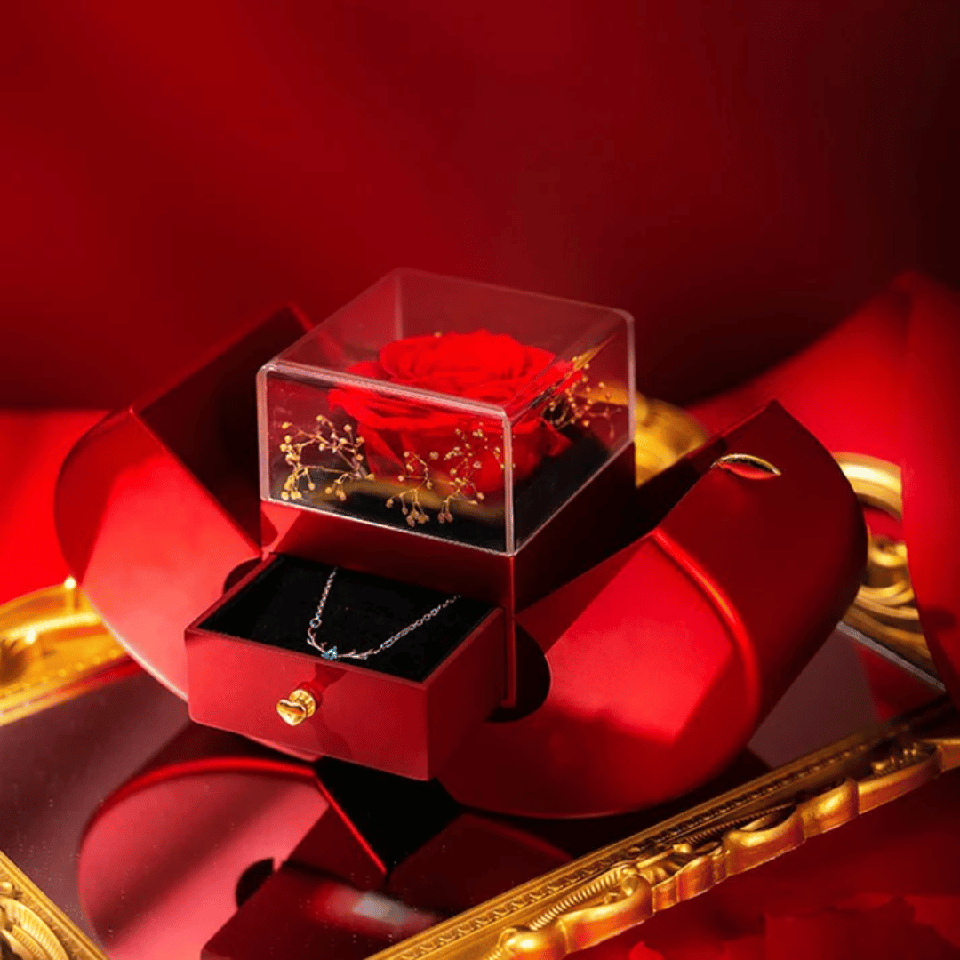 Forever Love Gift Box opened - luxury presentation with preserved rose and jewelry