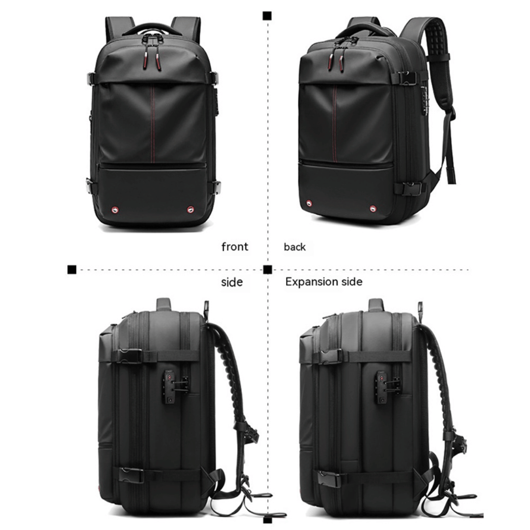 A collection of images showcasing a black TravelMaster Backpack with different views, highlighting its features such as multiple compartments, dedicated laptop section, and ergonomic design.