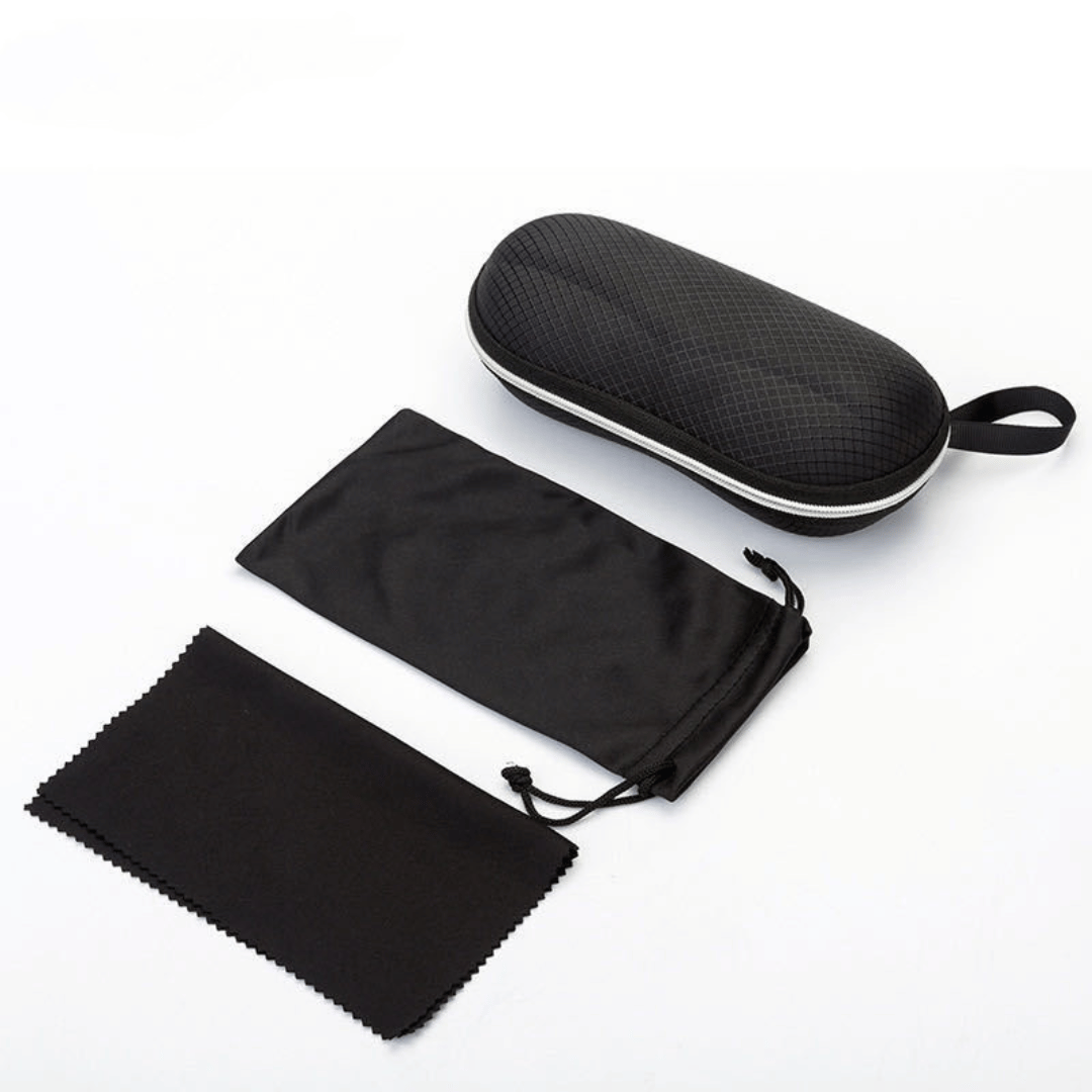 Black hard-shell travel case and drawstring pouch on a white background