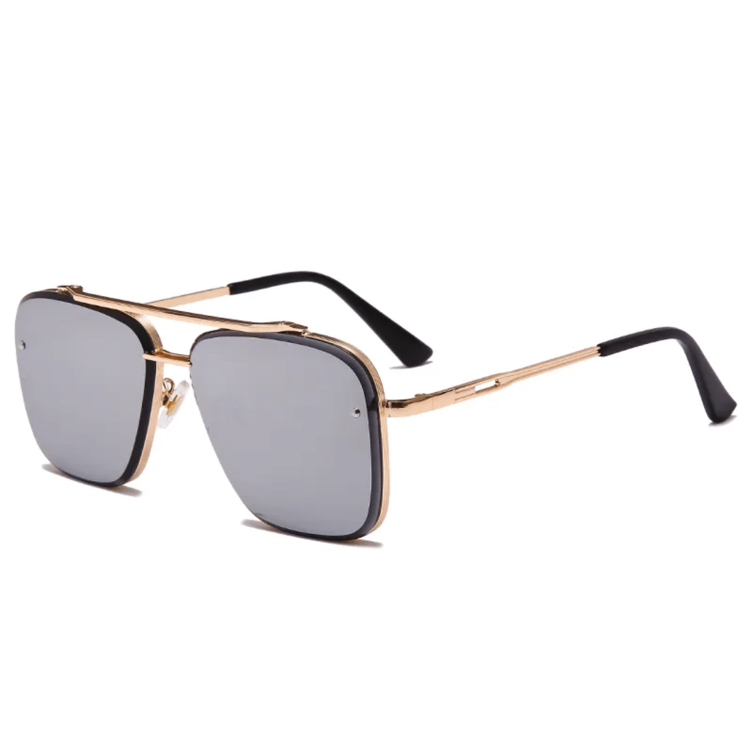 A pair of Enzo Bellucci retro sunglasses with a gold frame and dark lenses.