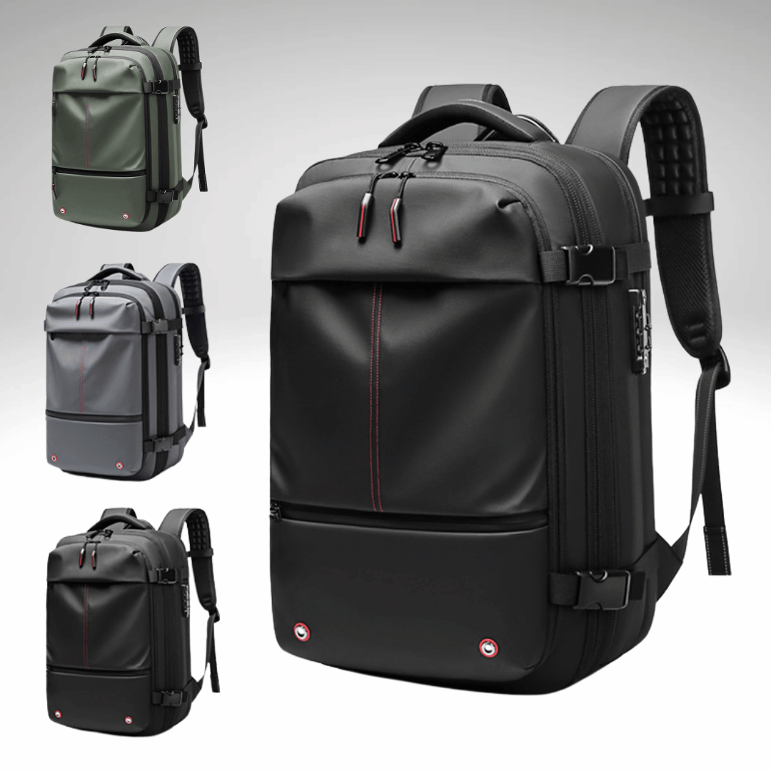 A collection of images showcasing a black TravelMaster Backpack with different views, highlighting its features such as multiple compartments, dedicated laptop section, and ergonomic design.