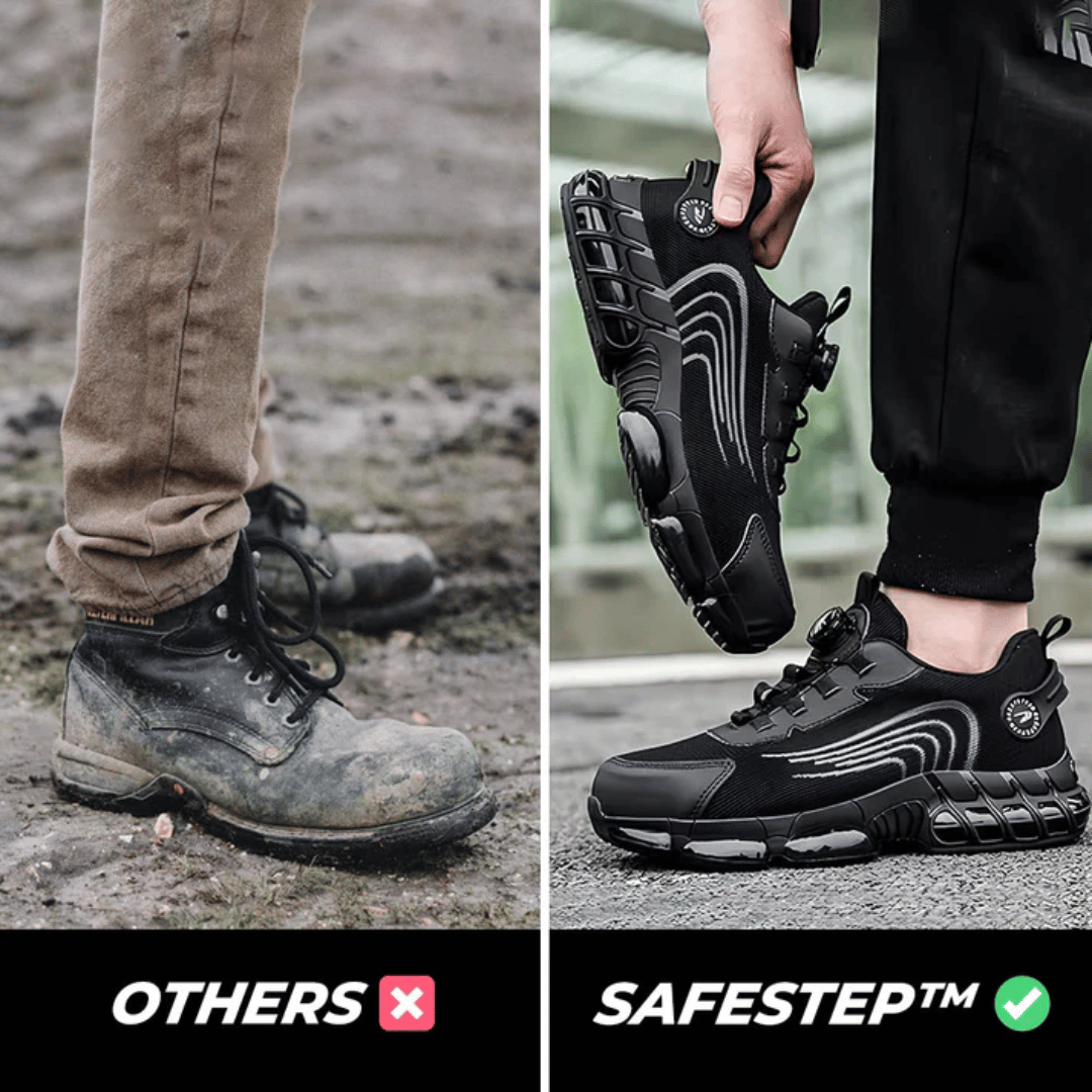 A pair of black safety sneakers designed for comfort, featuring a text overlay that reads 'BUILT FOR SAFETY, DESIGNED FOR COMFORT' and a graphic indicating 'Glass Breaker Proof'. There are also stars indicating a rating and a count of '12,345+ Happy Customers'.