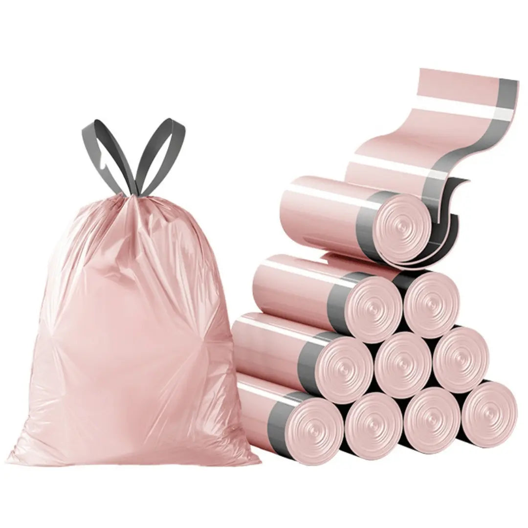 DormEase pink decorative trash bags adding stylish color to dorm room waste management