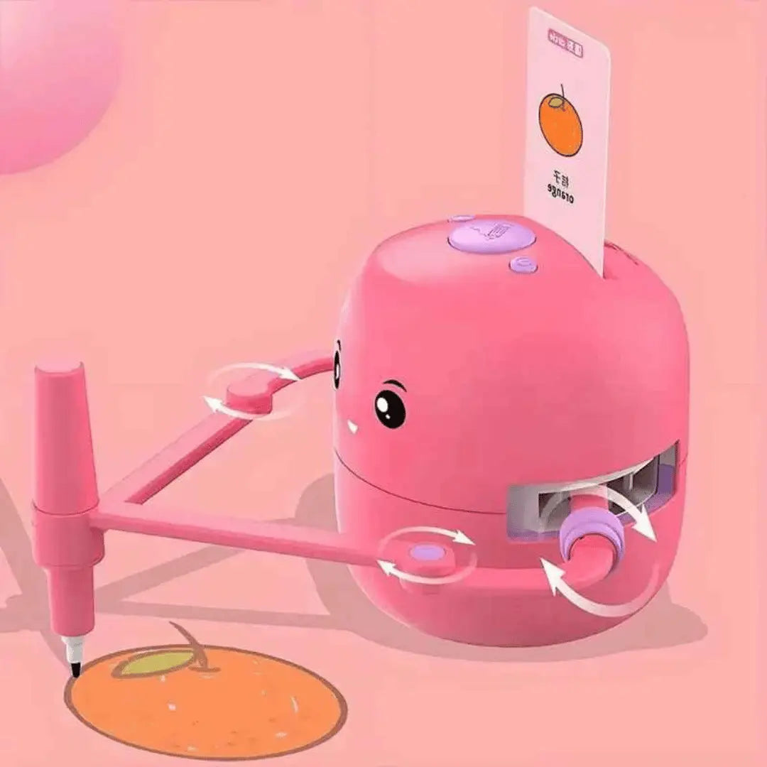 Pink robotic toy that is designed to draw, representing the product DrawMate.