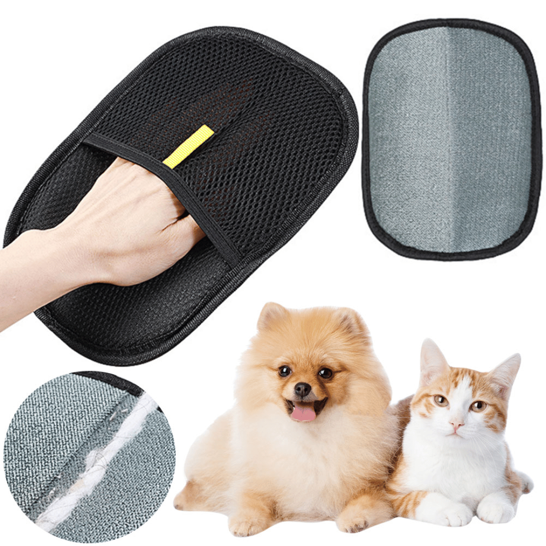 Black grooming mitt with gray mesh, hand holding it, and two pets below on a white background