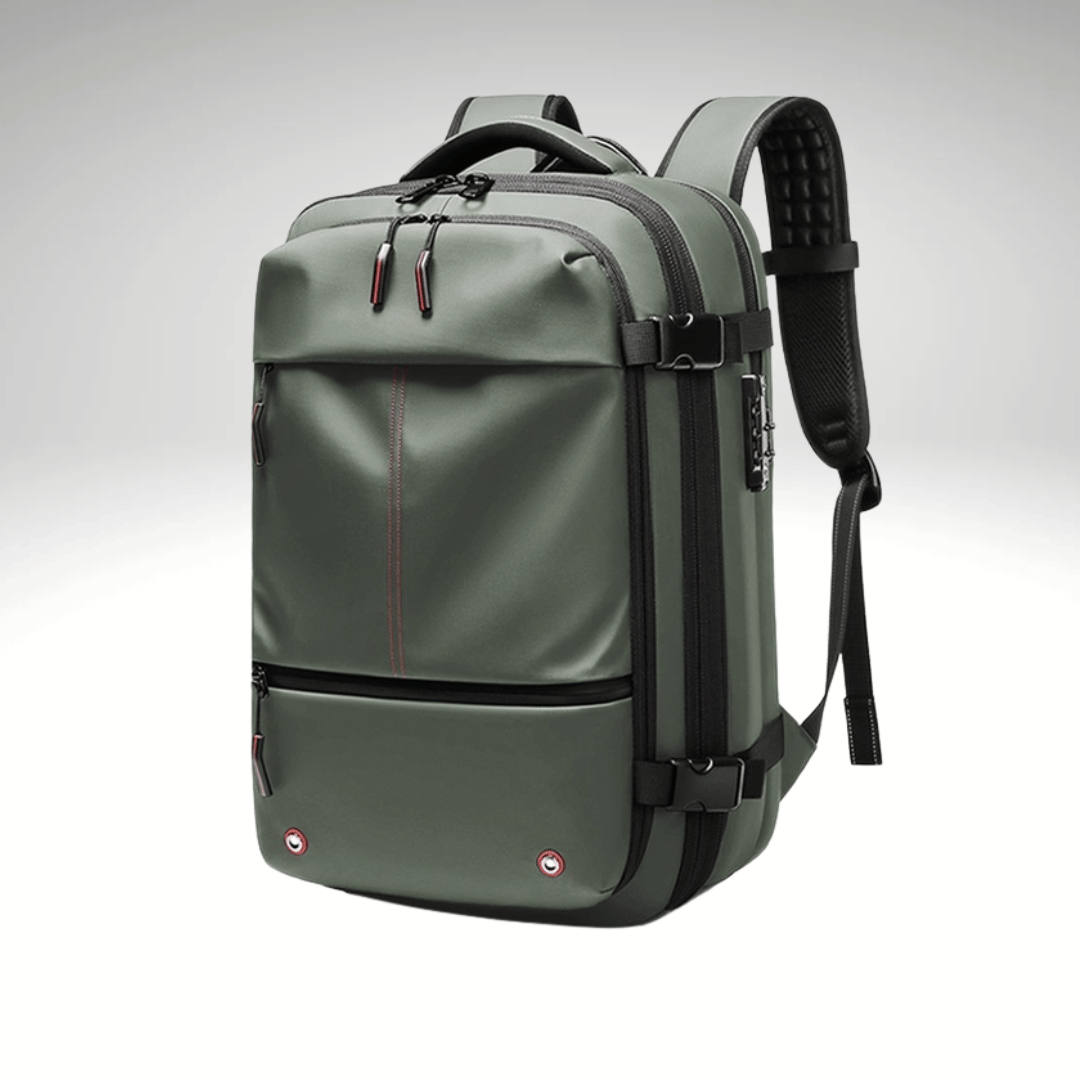 A collection of images showcasing a black TravelMaster Backpack with different views, highlighting its features such as multiple compartments, dedicated laptop section, and ergonomic design.