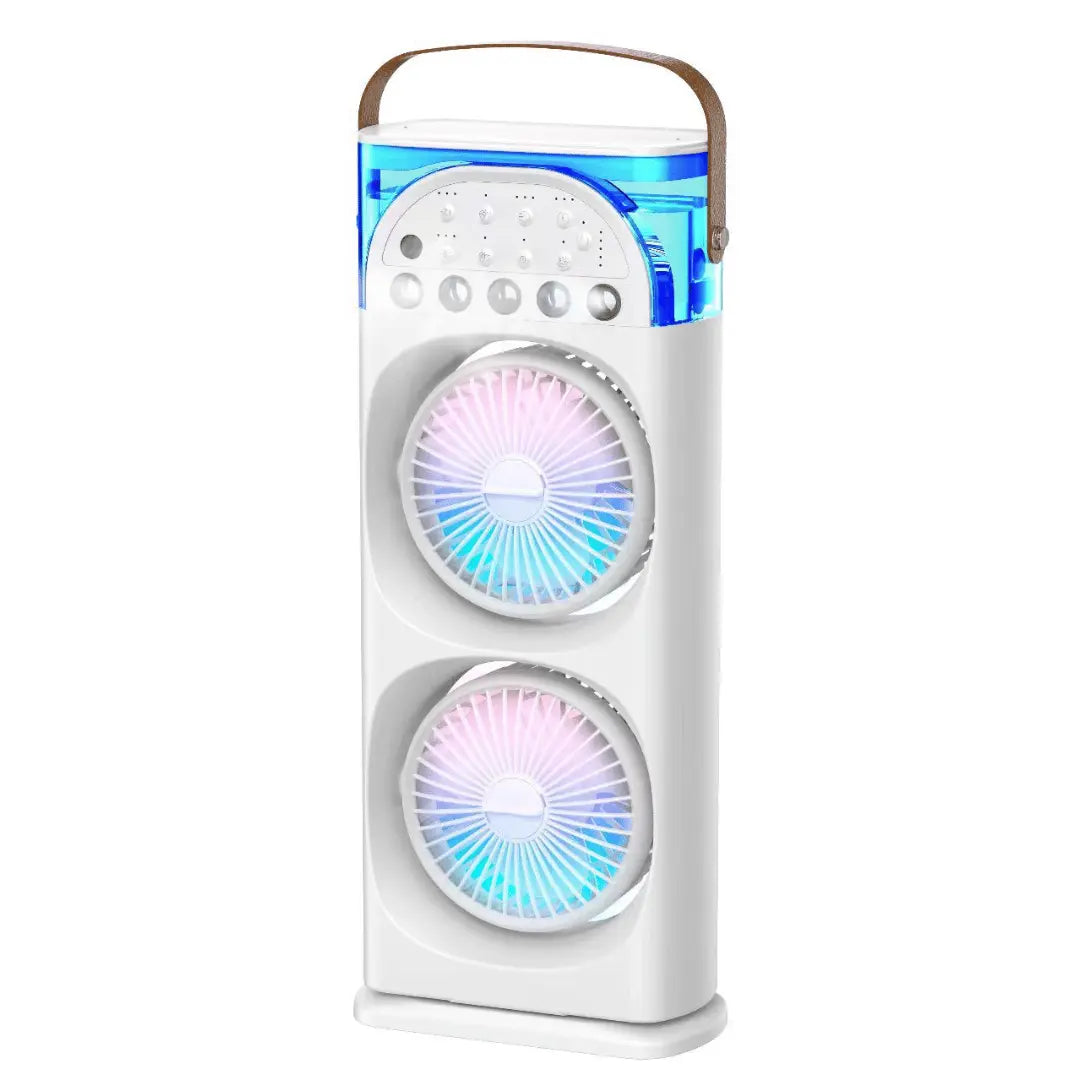 White portable speaker with colorful LED lights on a white background