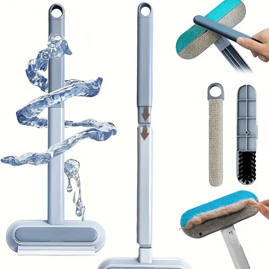 Cleaning tool with water flow illustration and interchangeable attachments on a white background