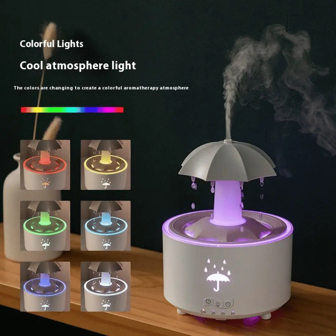 Umbrella-shaped humidifier with colorful lights on a wooden surface