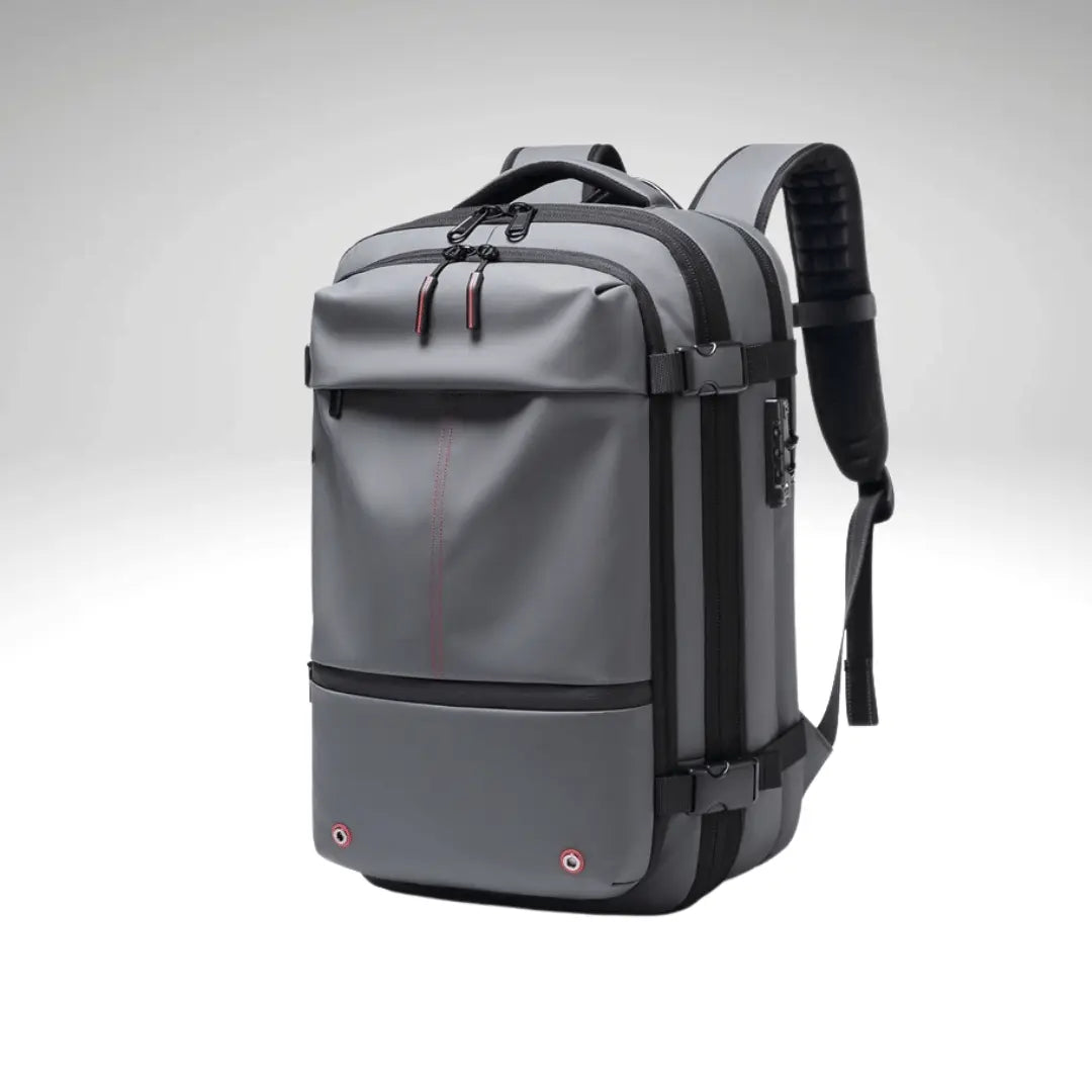 A collection of images showcasing a black TravelMaster Backpack with different views, highlighting its features such as multiple compartments, dedicated laptop section, and ergonomic design.
