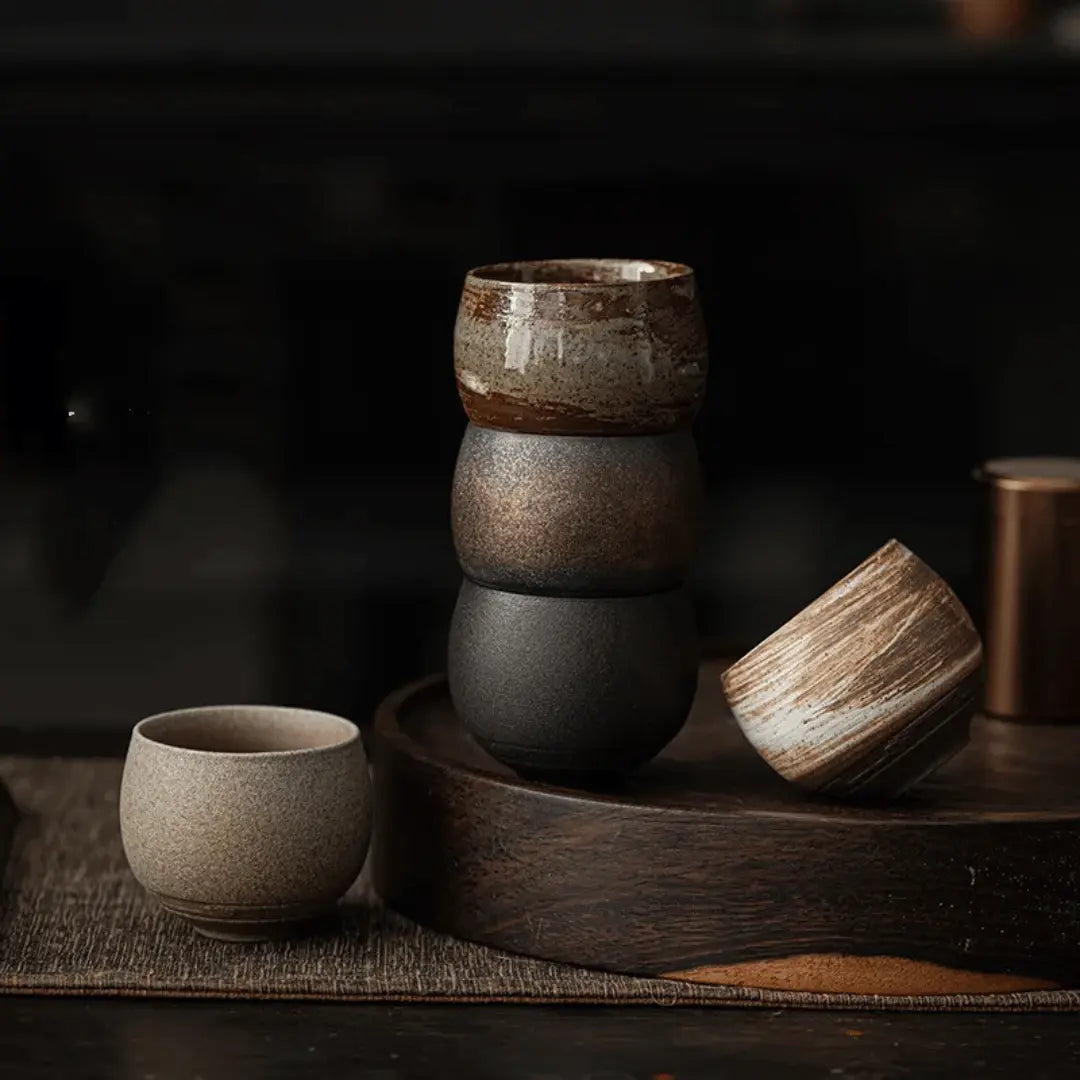 A collection of ceramic cups, likely used for tea or coffee, displayed on a table. They have a textured surface and come in various shades of brown and beige.