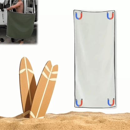 An advertisement image for MagnoWrap featuring a green towel with a close-up on the magnetic buckle system, along with icons indicating the towel is breathable, soft, comfortable, and quick-drying.