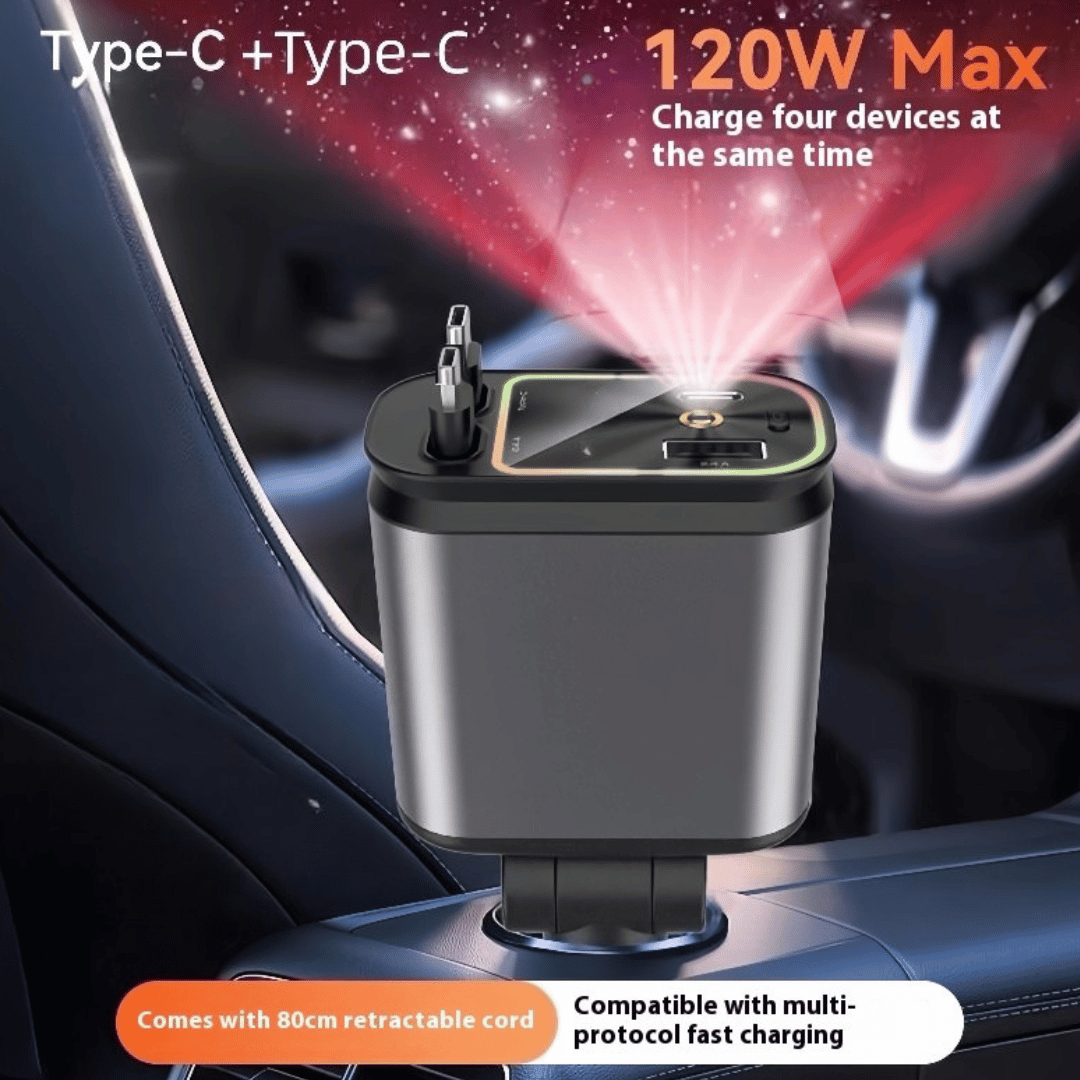 SkyFuse 4-in-1 car charger with 120W power output and LED starry sky design for multiple device charging