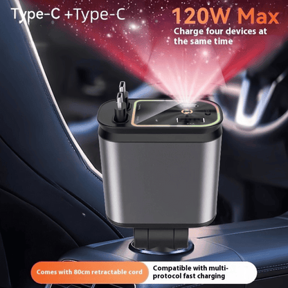 SkyFuse 4-in-1 car charger with 120W power output and LED starry sky design for multiple device charging