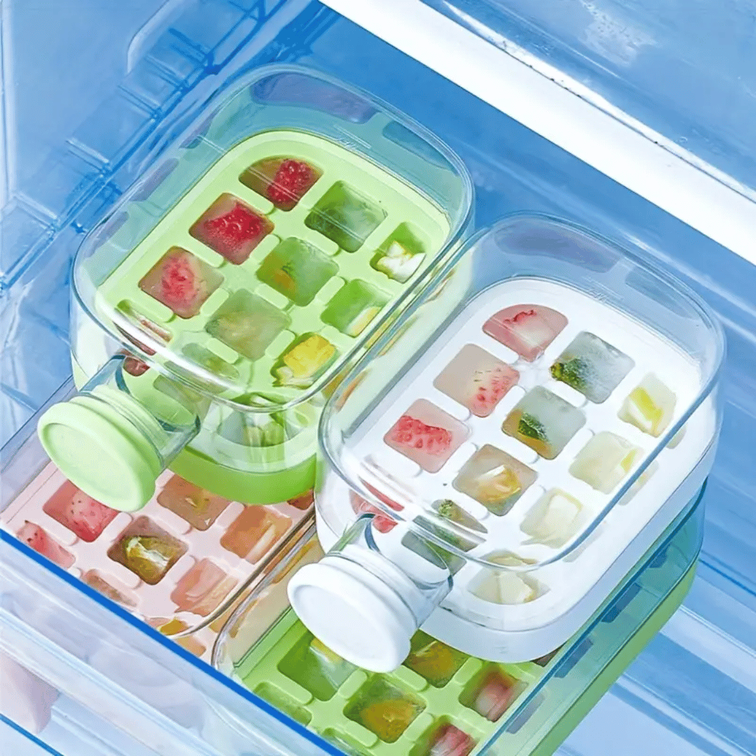 Colorful ice cube tray with frozen cubes in a refrigerator.