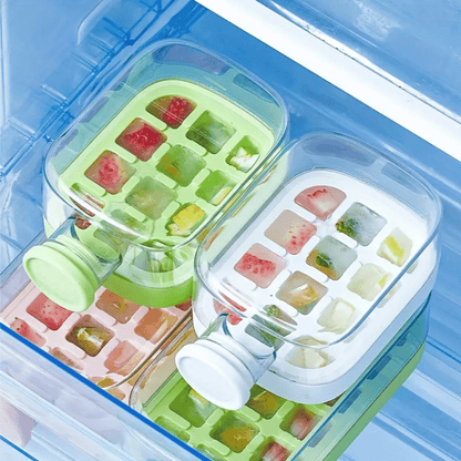 Colorful ice cube tray with frozen cubes in a refrigerator.