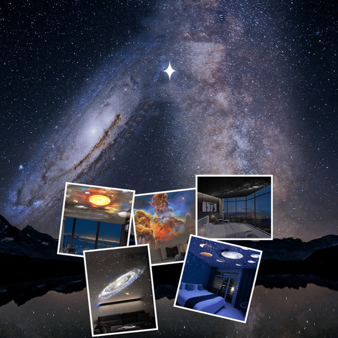 Collage of space-themed room designs with a starry night sky background