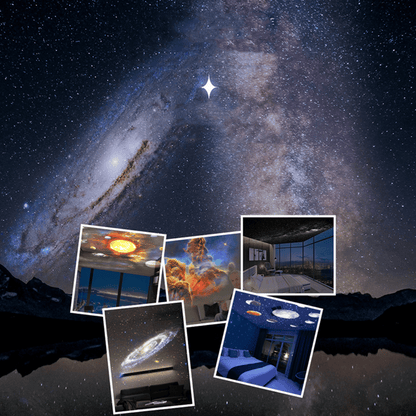 Collage of space-themed room designs with a starry night sky background