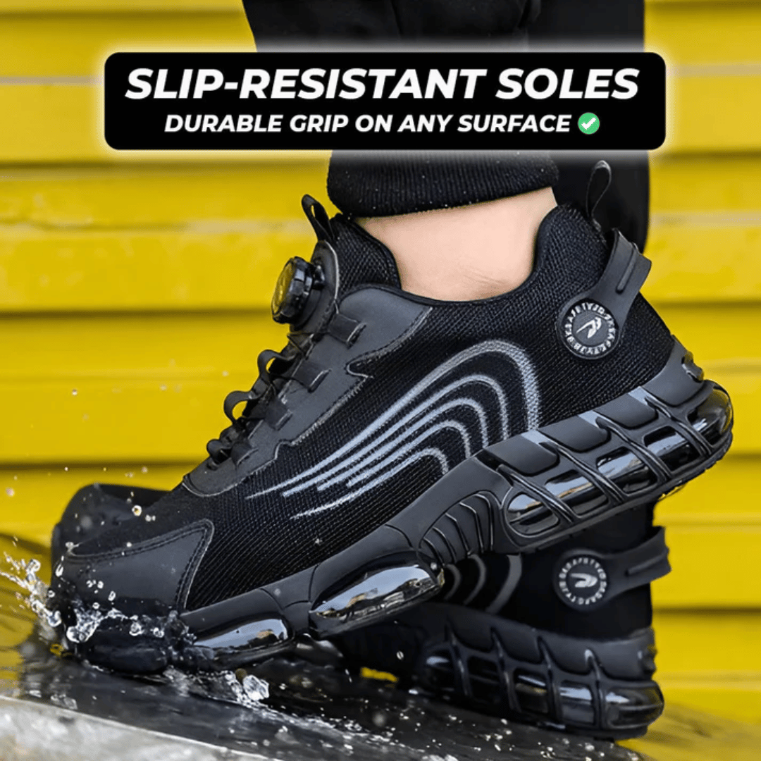 A pair of black safety sneakers designed for comfort, featuring a text overlay that reads 'BUILT FOR SAFETY, DESIGNED FOR COMFORT' and a graphic indicating 'Glass Breaker Proof'. There are also stars indicating a rating and a count of '12,345+ Happy Customers'.