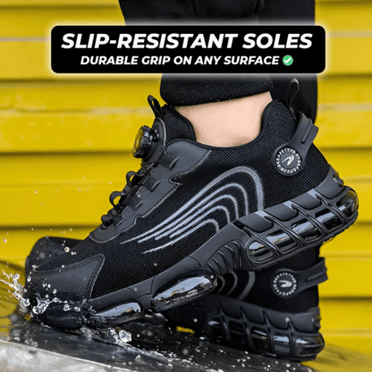 A pair of black safety sneakers designed for comfort, featuring a text overlay that reads 'BUILT FOR SAFETY, DESIGNED FOR COMFORT' and a graphic indicating 'Glass Breaker Proof'. There are also stars indicating a rating and a count of '12,345+ Happy Customers'.