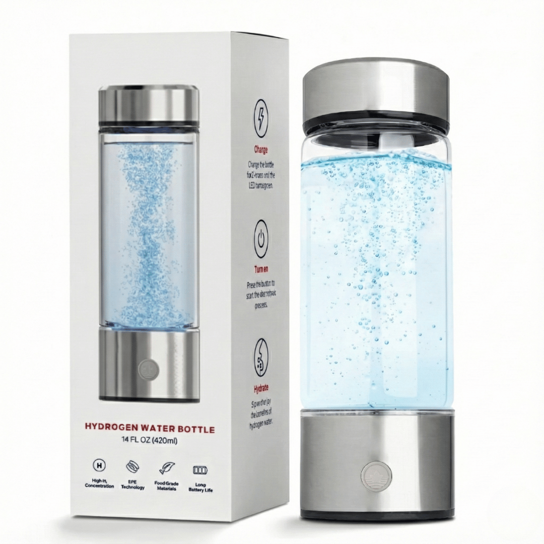 Hydrogen water bottle with packaging on a white background