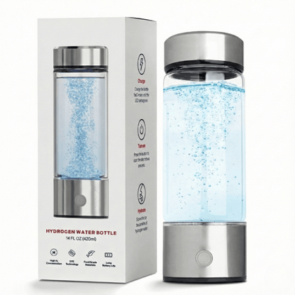 Hydrogen water bottle with packaging on a white background