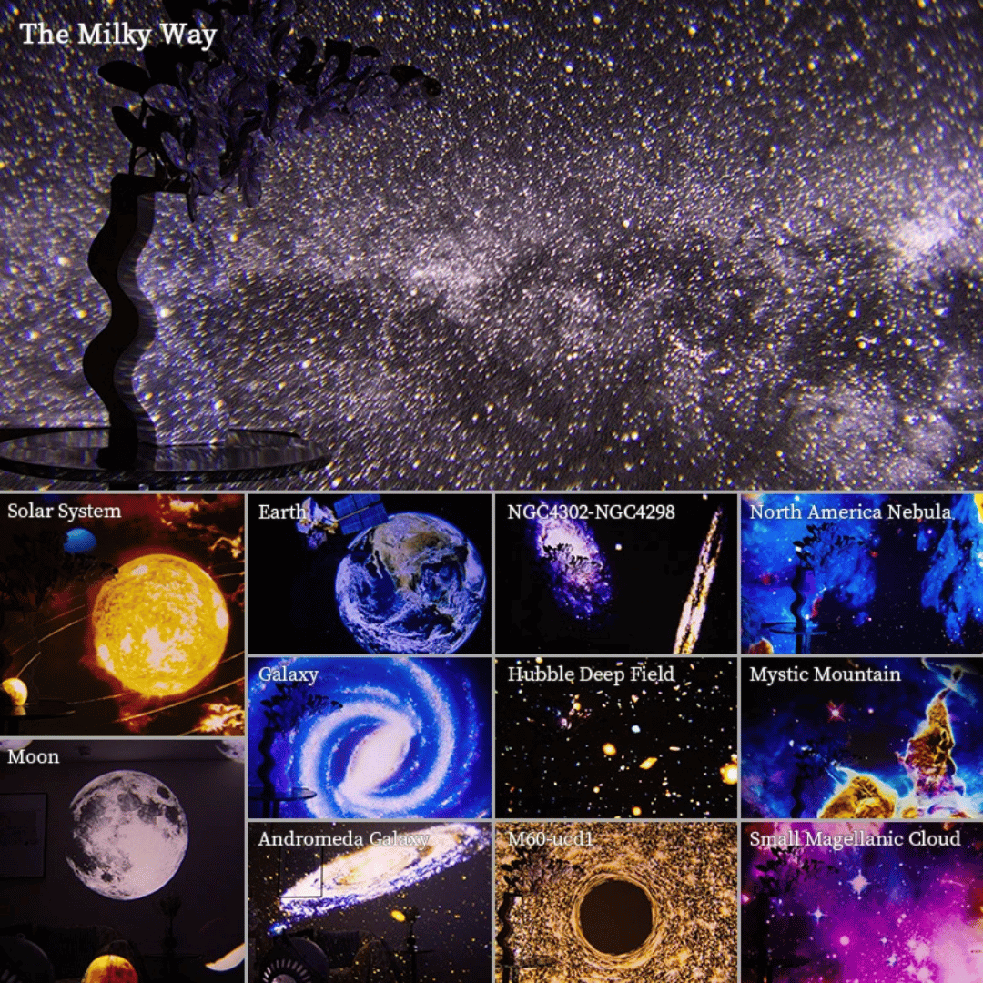 Collage of celestial objects and the Milky Way with a person gazing at the stars.