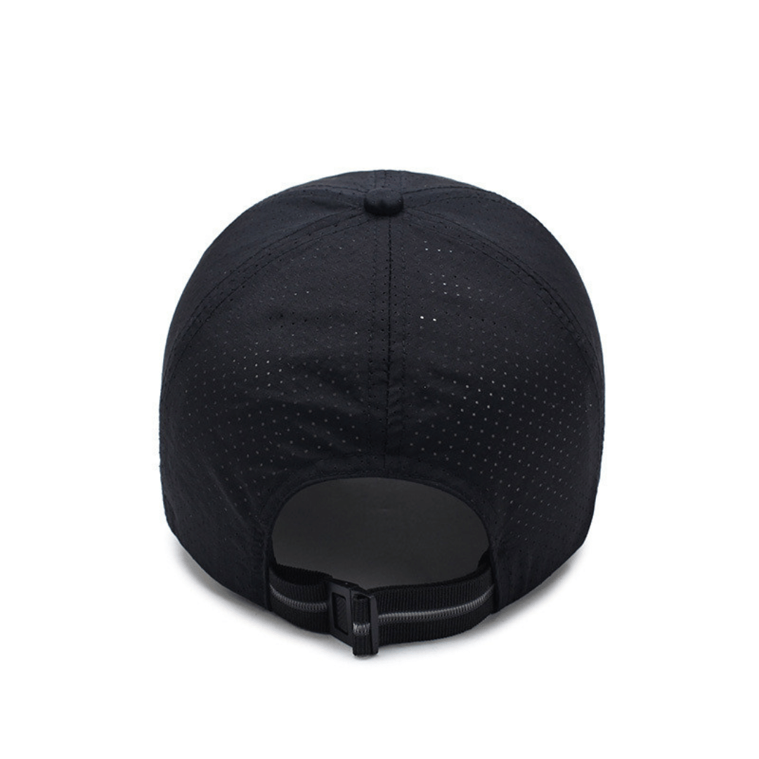 Black baseball cap with a textured pattern on a white background