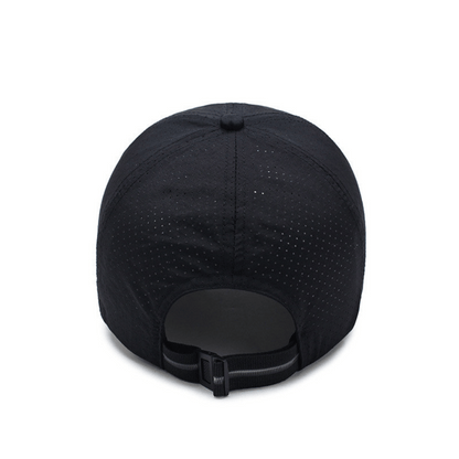 Black baseball cap with a textured pattern on a white background