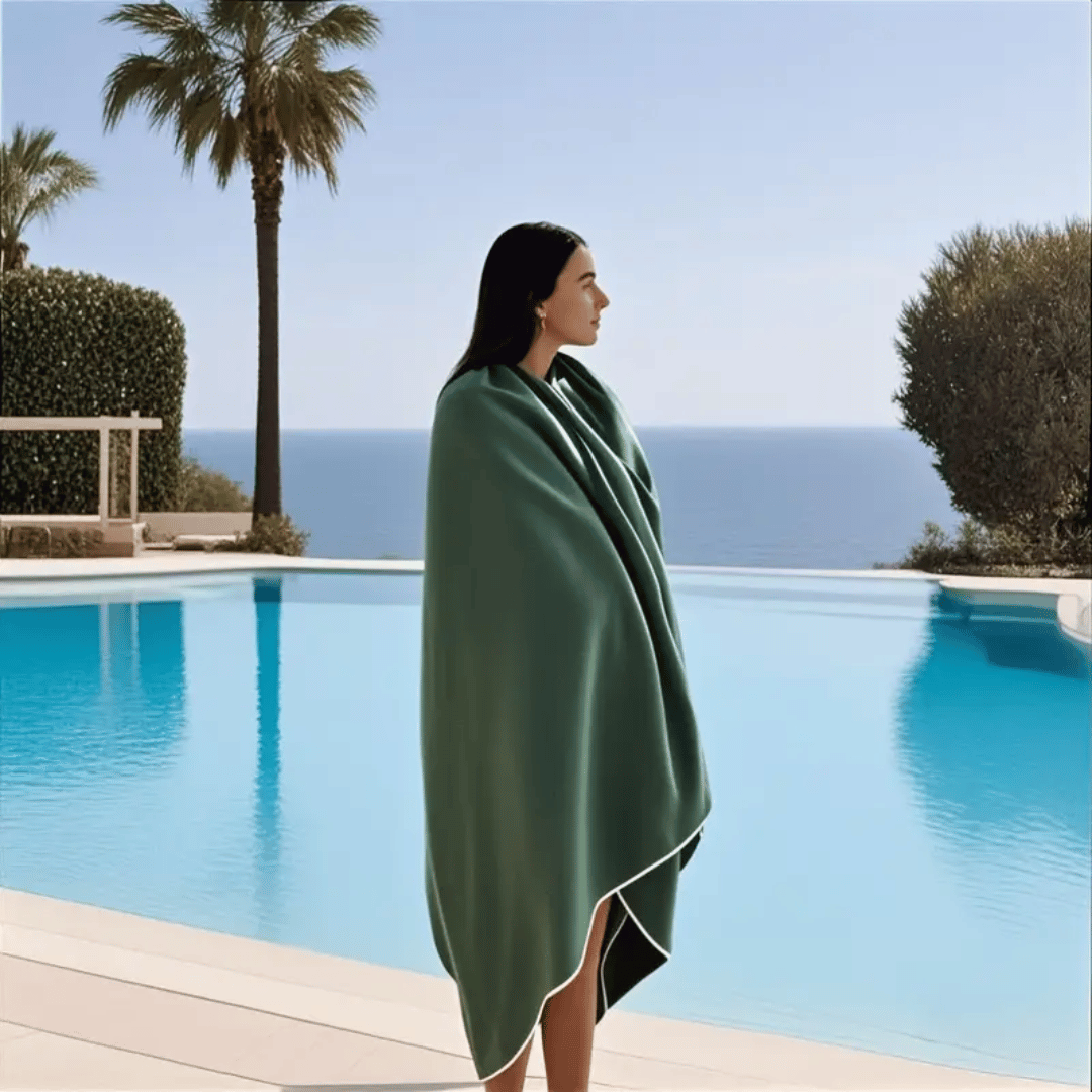 Person wrapped in a green towel by a pool with ocean views.