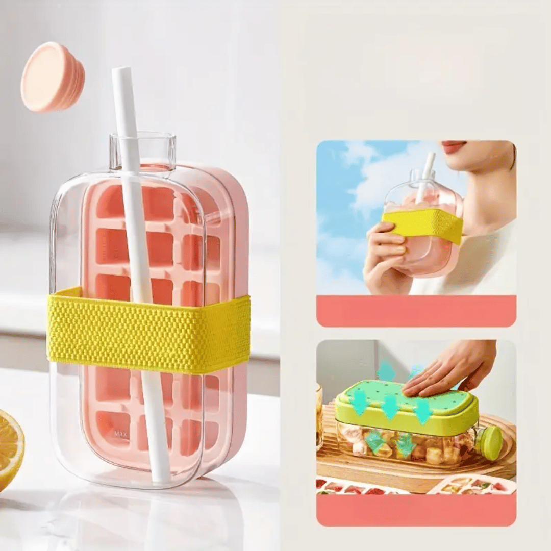 Pink silicone lid with straw and yellow band on a white background