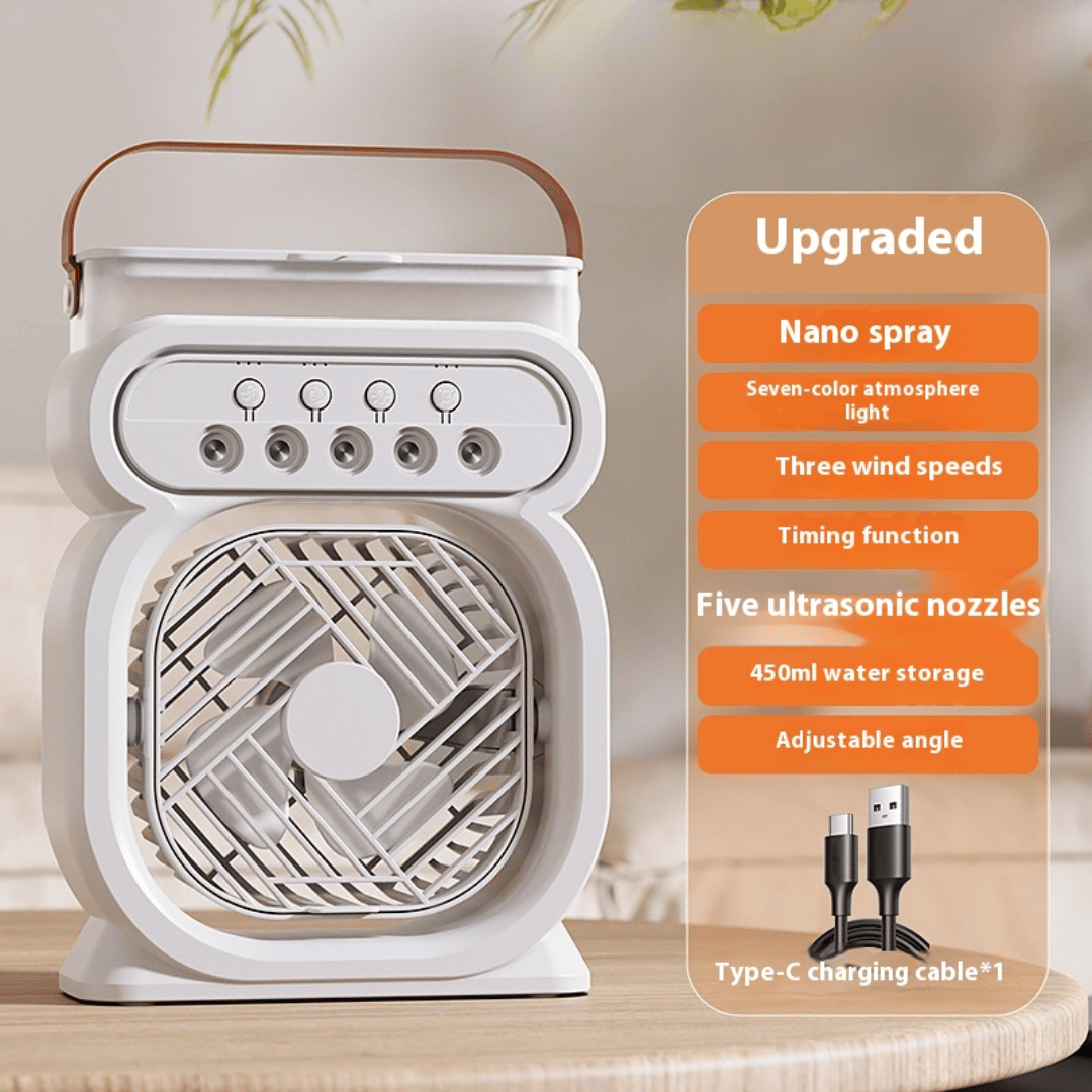 Portable air cooler with features listed on an orange panel, on a light wooden surface.