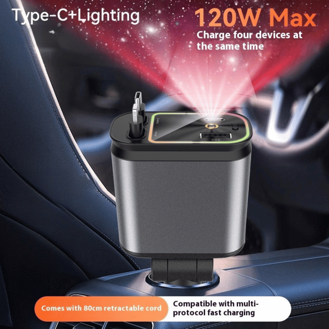 SkyFuse 4-in-1 car charger with 120W power output and LED starry sky design for multiple device charging