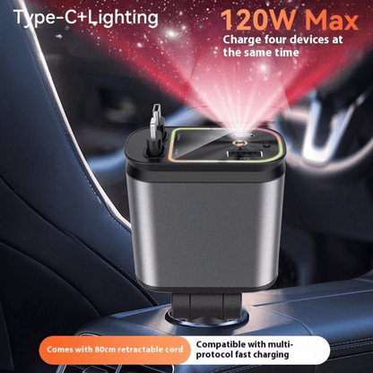SkyFuse 4-in-1 car charger with 120W power output and LED starry sky design for multiple device charging