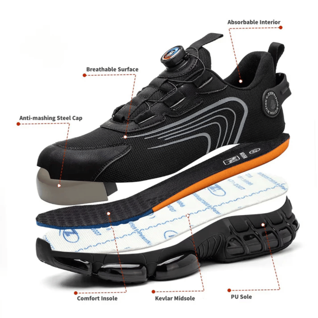 A pair of black safety sneakers designed for comfort, featuring a text overlay that reads 'BUILT FOR SAFETY, DESIGNED FOR COMFORT' and a graphic indicating 'Glass Breaker Proof'. There are also stars indicating a rating and a count of '12,345+ Happy Customers'.