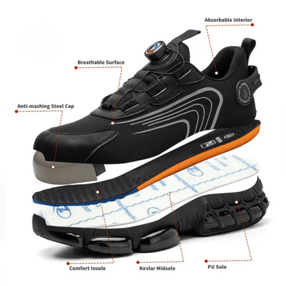 A pair of black safety sneakers designed for comfort, featuring a text overlay that reads 'BUILT FOR SAFETY, DESIGNED FOR COMFORT' and a graphic indicating 'Glass Breaker Proof'. There are also stars indicating a rating and a count of '12,345+ Happy Customers'.