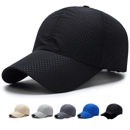 Black baseball cap with perforated design on a white background