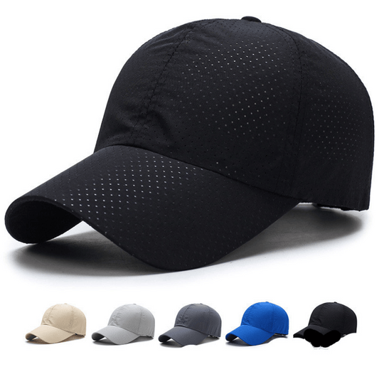 Black baseball cap with perforated design on a white background
