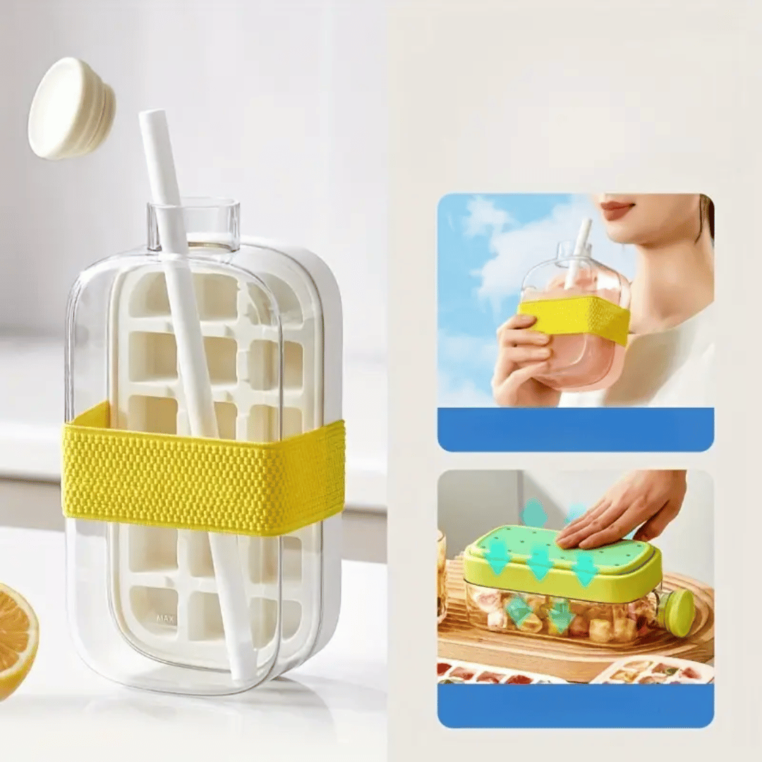 Clear container with yellow lid and white spoon, shown with additional images of use.