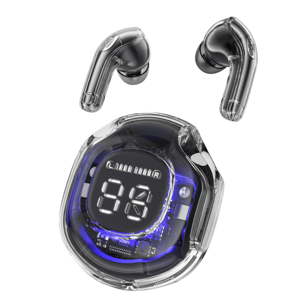 Wireless earbuds with charging case on a white background
