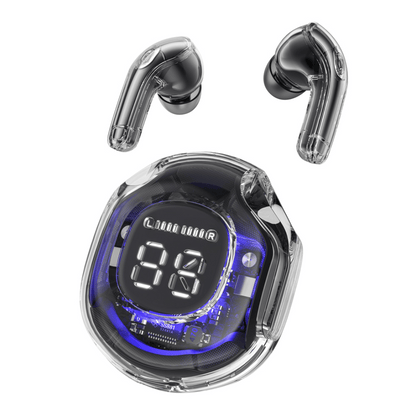 Wireless earbuds with charging case on a white background
