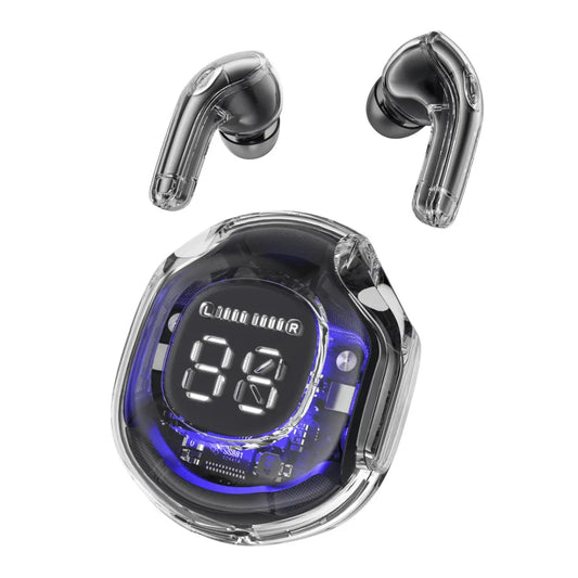 Wireless earbuds with charging case on a white background